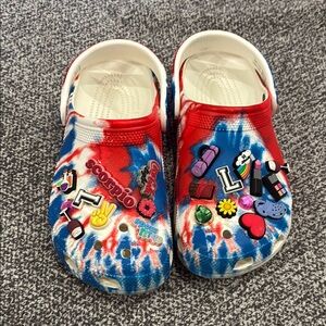CROCS Kids Red & Blue Tie-Dye Clog Sandals with Charms